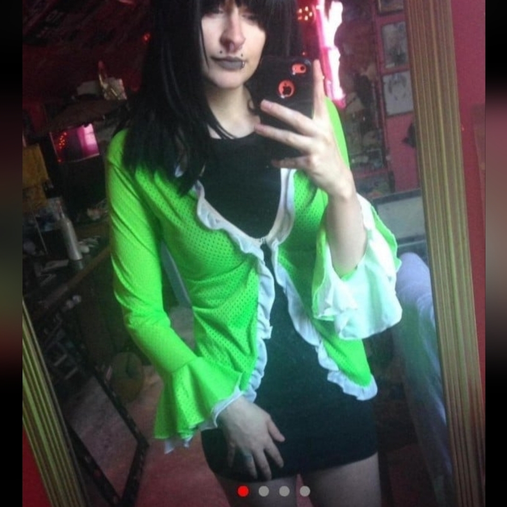 Neon green with white lettucehem mid flare sleeve mesh cardigan